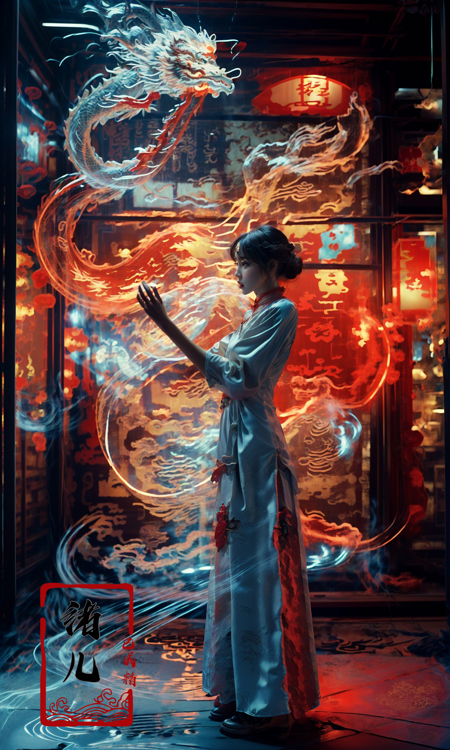 606247209521968584-35240027-white holographic dragon, 1girl，(Red cheongsam_1.5)，_A shot with tension，(sky glows red,Visual impact,giving the poster a dynami.jpg